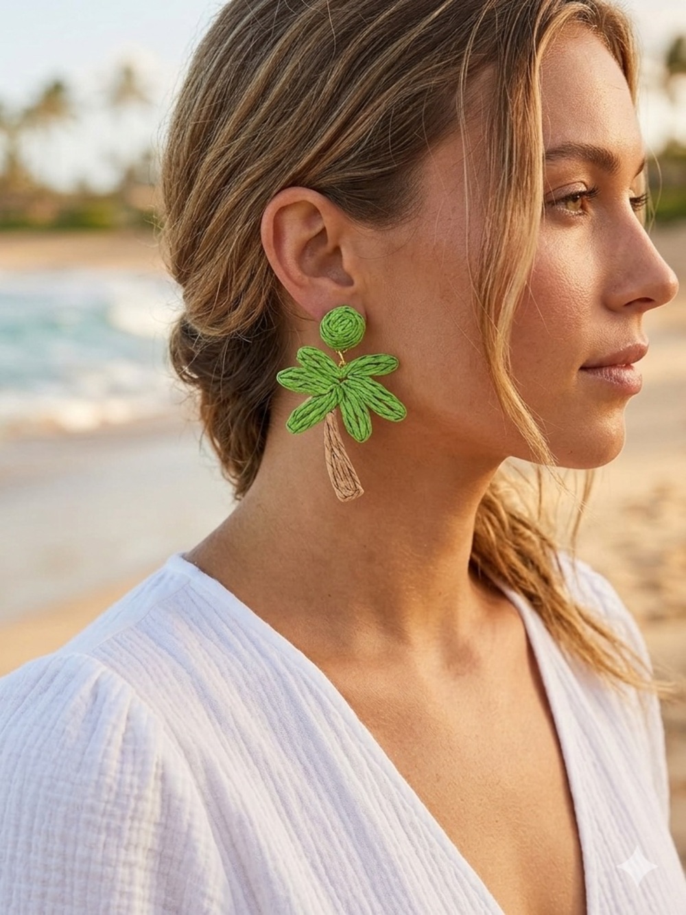 Palm Tree Raffia Drop Earrings in Lime Green and Tan